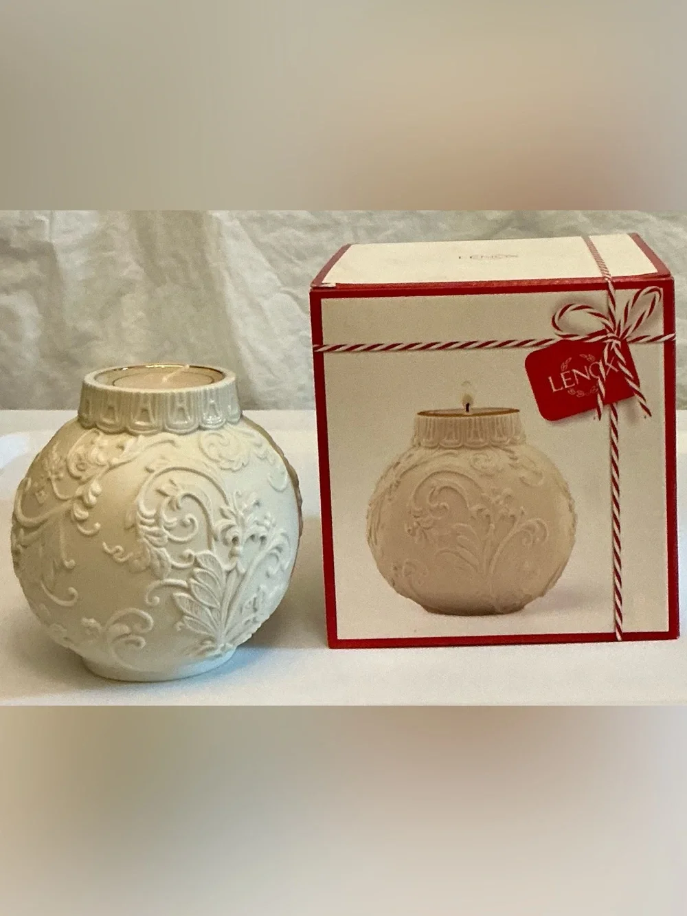 Lenox Ivory Holly Scrollwork Votive Candle Holder with Box